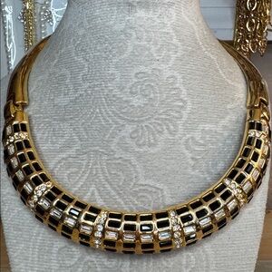 Personal Accents Chunky Gold Tone Black Enamel Clear Rhinestone Choker Necklace